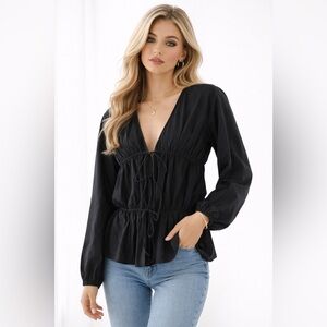 Faithfull the Brand Black Silk Cotton Tie Front Blouse Long Sleeve Size M (US 6)